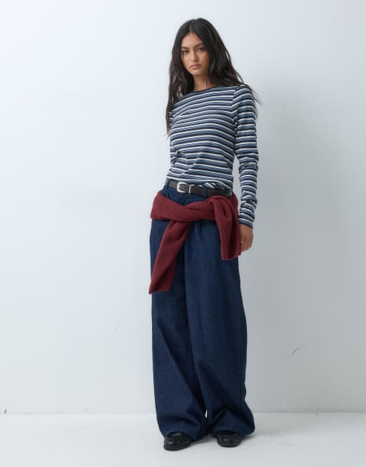 JDY long sleeve top in navy stripes, 2 of 5
