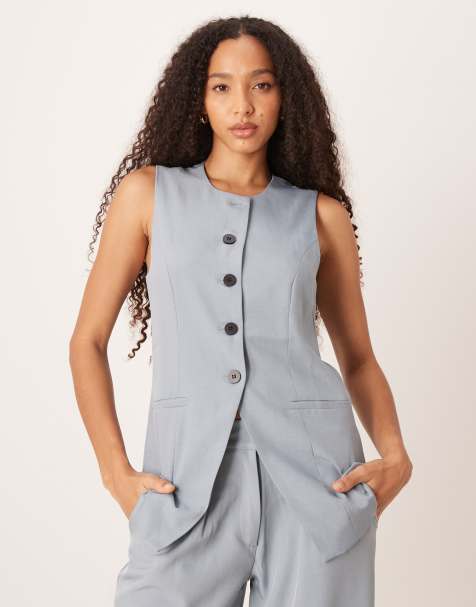 JDY longline button through waistcoat co-ord in dusty blue - view 1