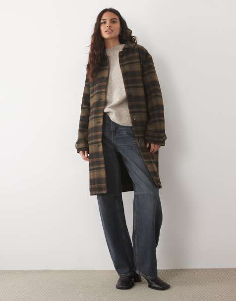 JDY longline coat in brown checks - view 1