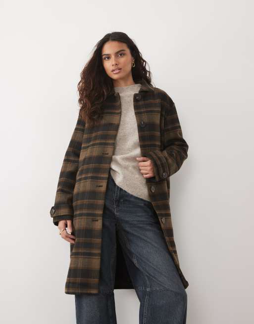 JDY longline coat in brown checks, 2 of 4