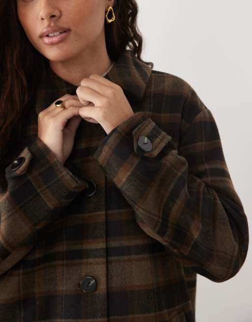JDY longline coat in brown checks, 3 of 4