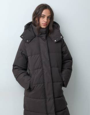 Jdy Longline Hooded Puffer Coat In Brown
