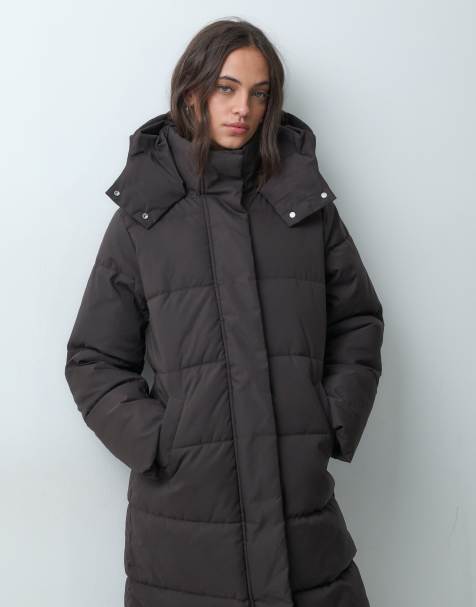 JDY longline hooded puffer coat in chocolate - view 1