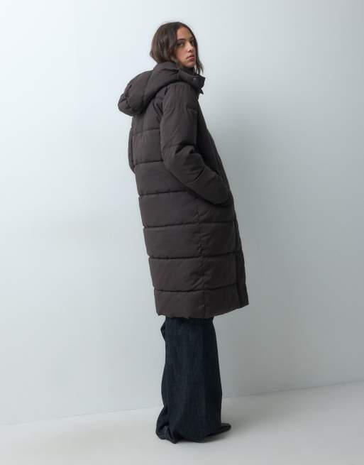 JDY longline hooded puffer coat in chocolate, 3 of 5