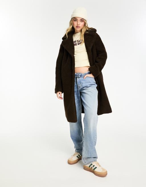 JDY – Longline-Jacke aus Teddyfell in Schokobraun