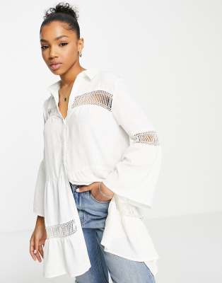 JDY longline lace insert tunic shirt in white