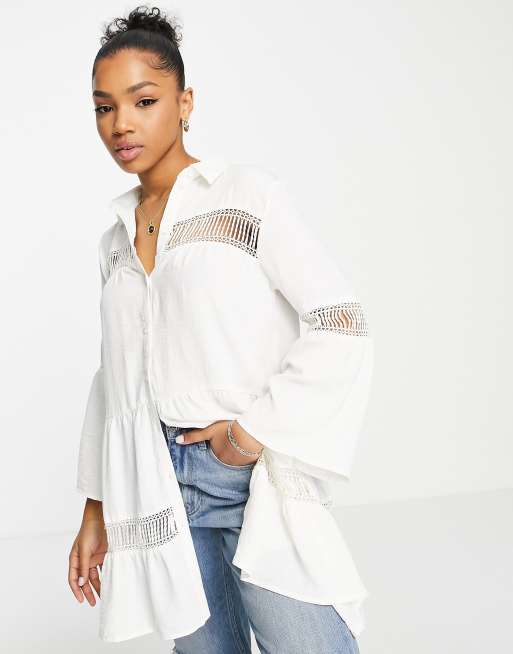 JDY longline lace insert tunic shirt in white ASOS