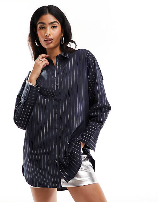 JDY longline oversized shirt in navy with silver stripes | ASOS