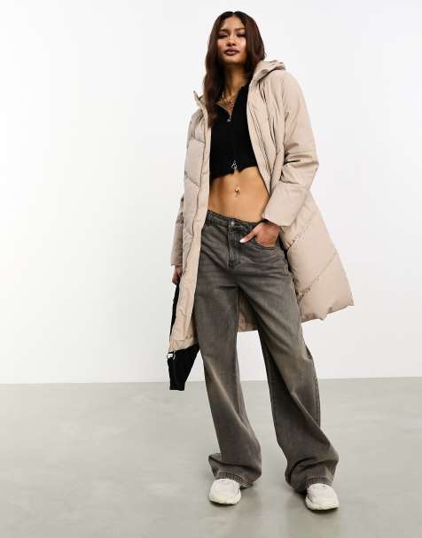 JDY longline padded chevron coat in stone - view 1