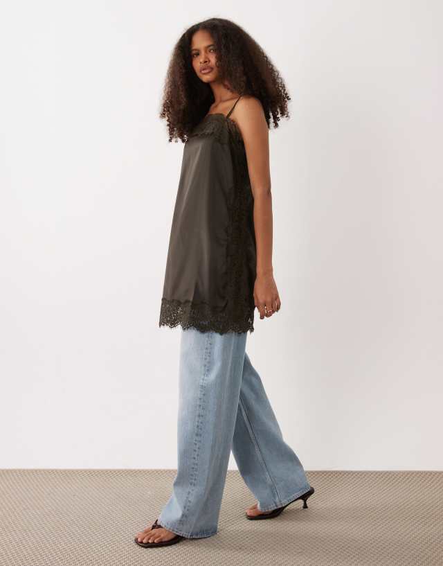 JDY longline satin cami top with lace trim in brown | ASOS