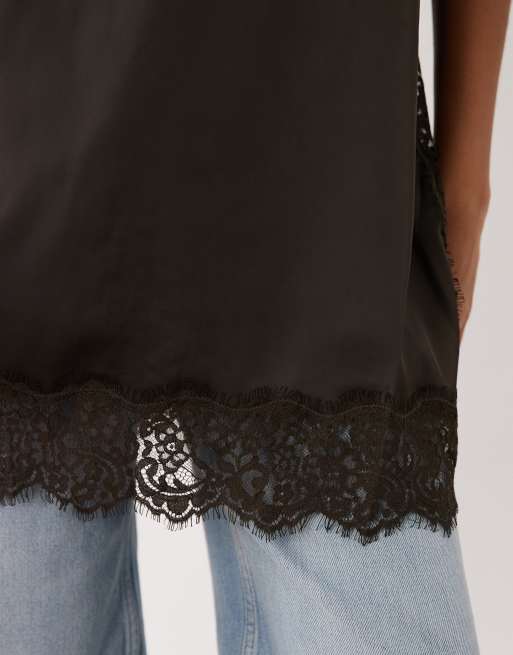 JDY Longline-Satin-Camisole mit Spitzenbesatz in Braun, 3 von 4