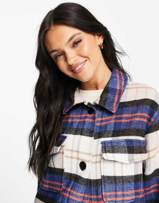 JDY longline shacket in blue check, 3 of 4