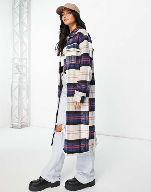 JDY longline shacket in blue check, 4 of 4