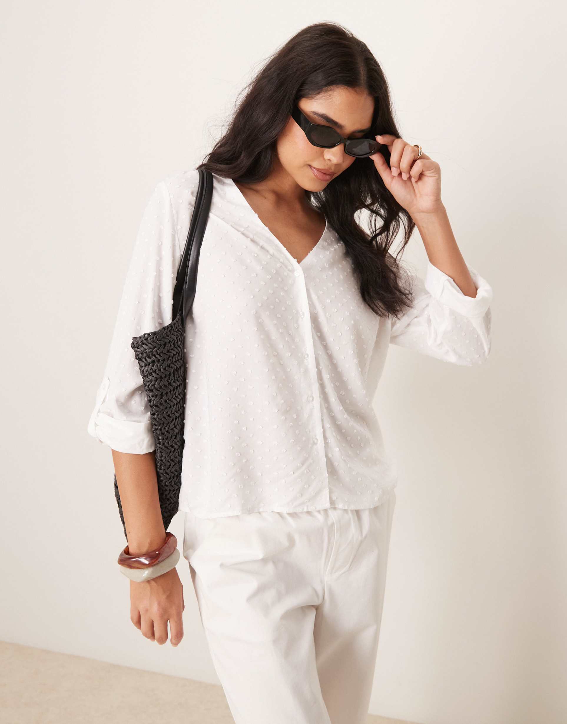 jdy loose fit blouse with textured details in white