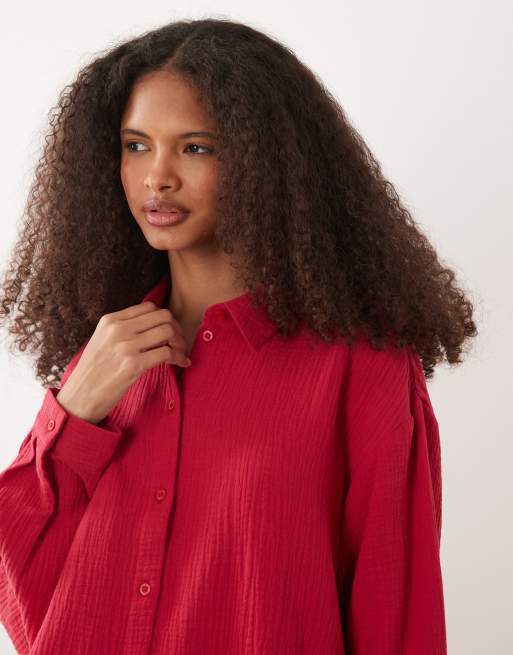 JDY loose fit cheesecloth co-ord shirt in red, 2 of 4