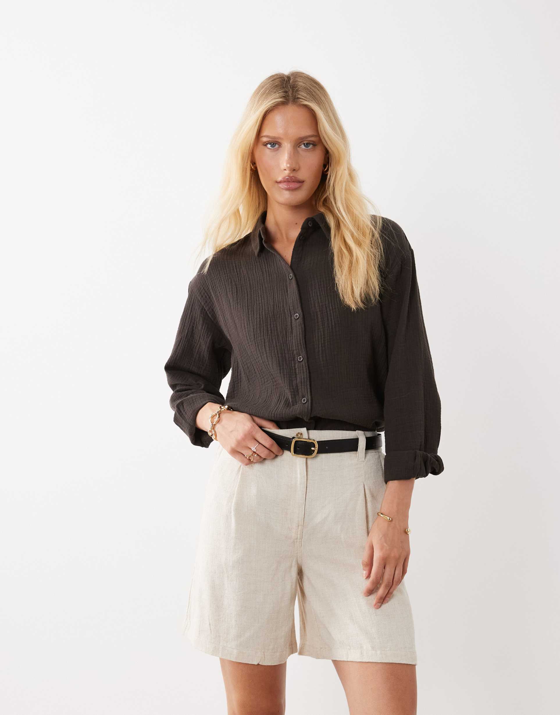jdy loose fit cheesecloth shirt in chocolate brown