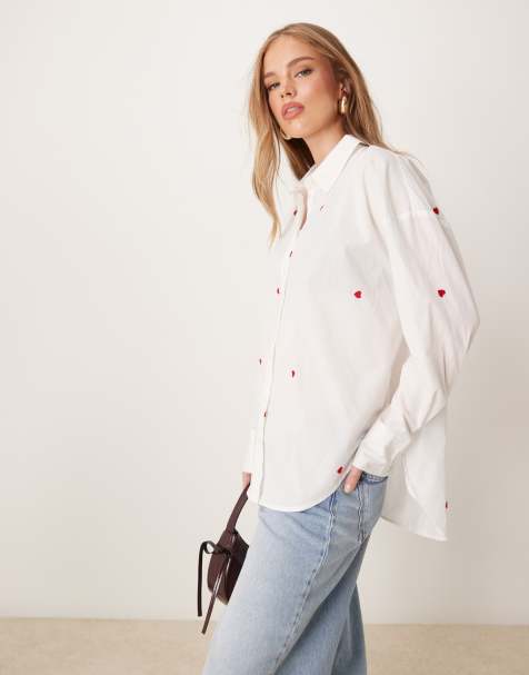 JDY loose fit shirt with heart embroidery in white - view 1
