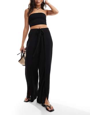 [JDY] JDY loose fit texture pants with layered side split in black XS BLACK