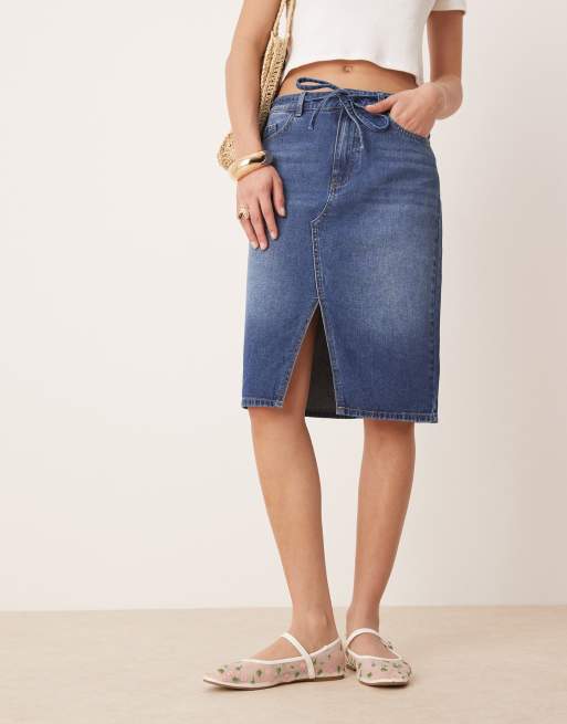 JDY low waist denim pencil skirt in mid blue, 3 of 5