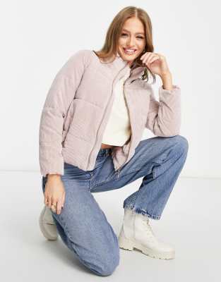 JDY luxa corduroy short puffer jacket in pink - ASOS Price Checker