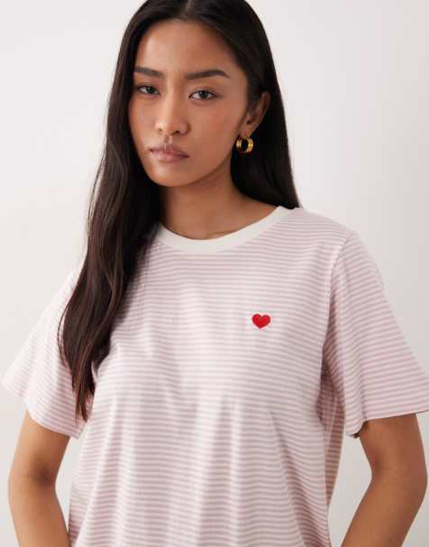 JDY - Lyserød T-shirt med hjerteprint og striber - view 1