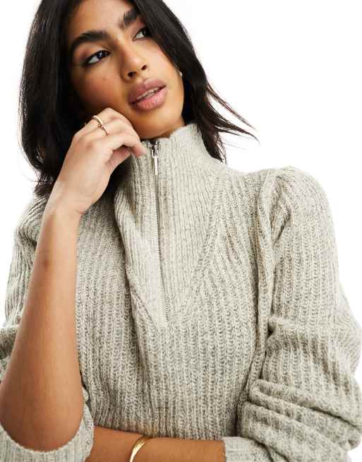 JDY - Maglione color avena con zip corta