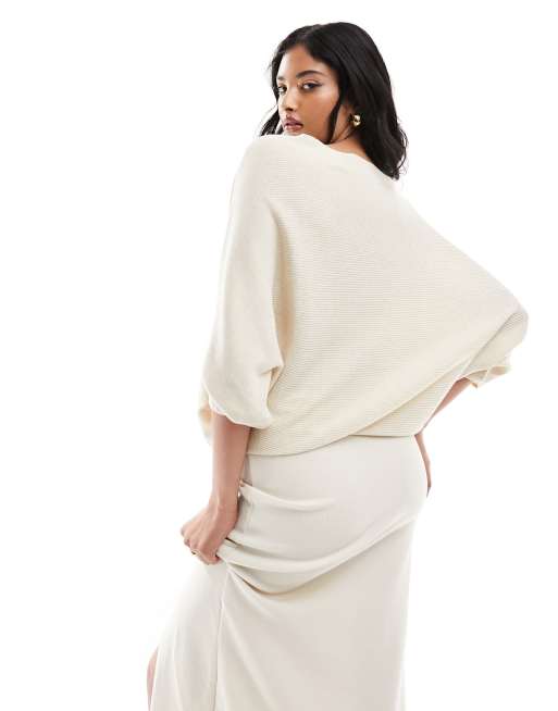 JDY Maglione color crema a coste con maniche ad ali di