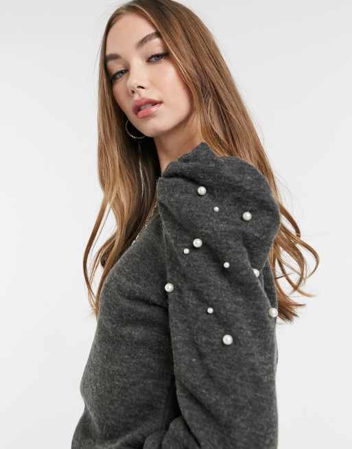 JDY Maglione con maniche a sbuffo e dettaglio con perle grigio