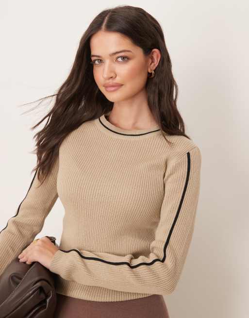 JDY - Maglione lavorato beige a coste con dettagli a contrasto