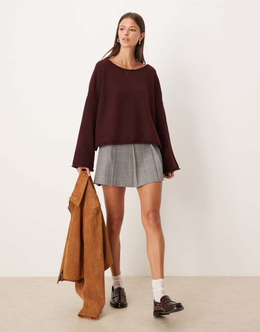 JDY - Maglione lavorato bordeaux scuro con scollo a barchetta, 2 di 4