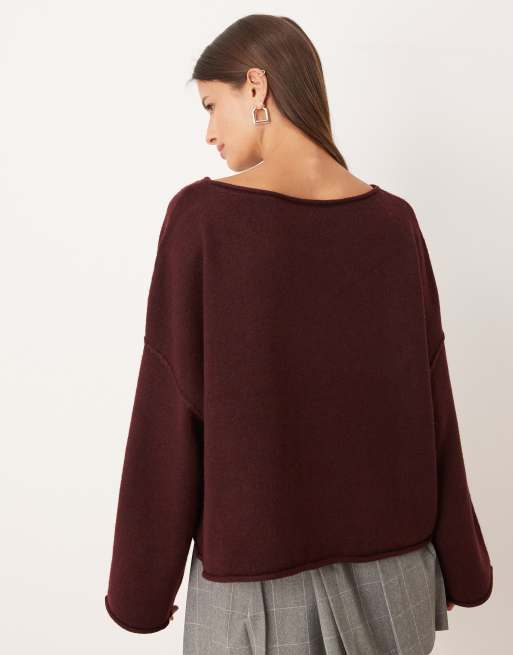 JDY - Maglione lavorato bordeaux scuro con scollo a barchetta, 4 di 4