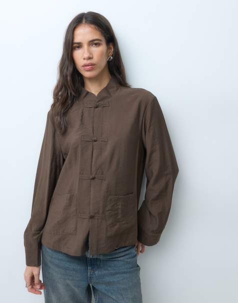 JDY mandarin collar shirt in brown - view 1