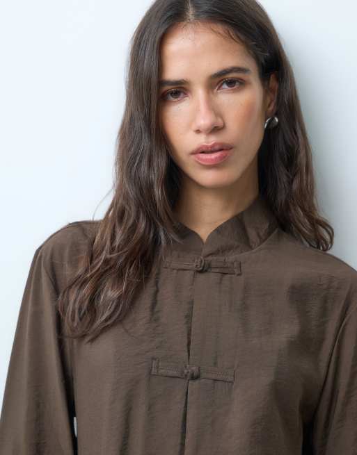 JDY mandarin collar shirt in brown, 4 of 5