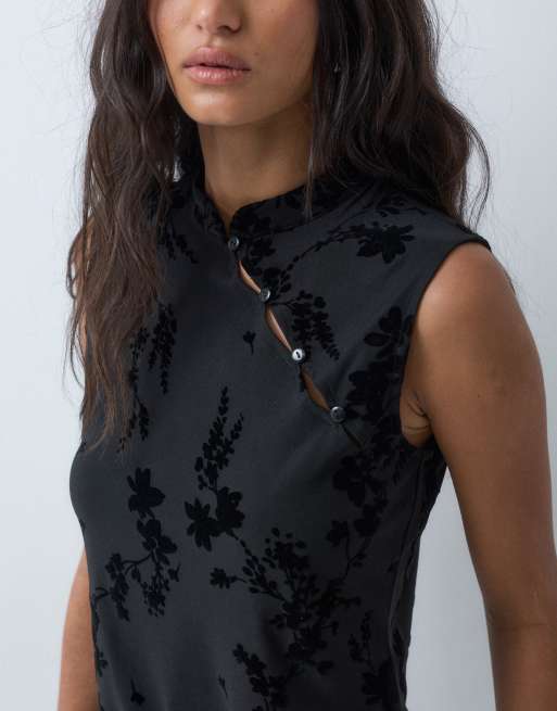 JDY mandarin collar top with floral detail in black, 2 of 5