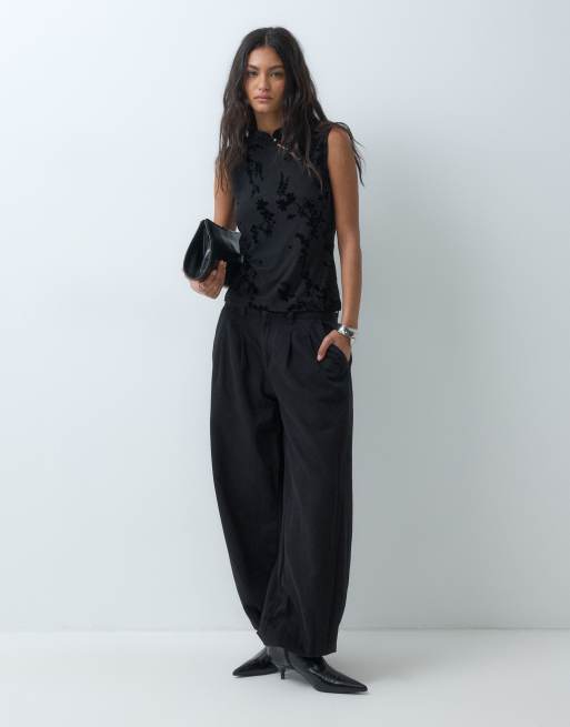 JDY mandarin collar top with floral detail in black, 3 of 5
