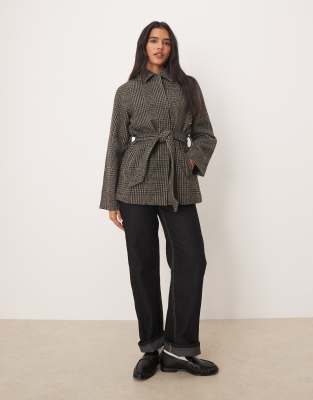 JDY - Manteau noué à la taille - Carreaux foncés-Gris