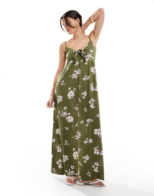 JDY - Maxi-jurk met gestrikte voorkant in kaki bloemenprint