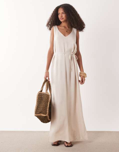 JDY - Maxi jurk van linnenmix met gestrikte taille in lichtbeige - view 1