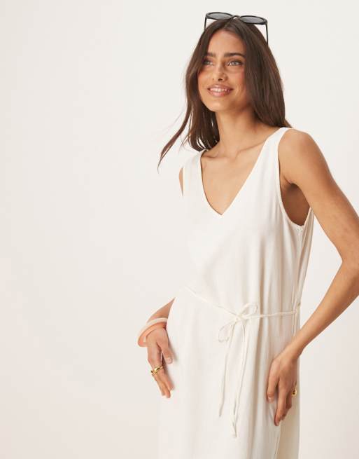 JDY - Maxi jurk van linnenmix met gestrikte taille in wit, 2 van 4