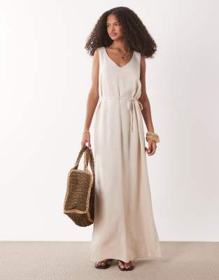 Maxikleid aus Leinenmix in Hellbeige mit Bindeband-Neutral Neutral M