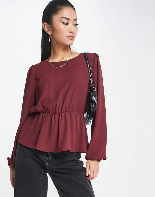 Peplum Waist Wine Red Button Detail Blouse