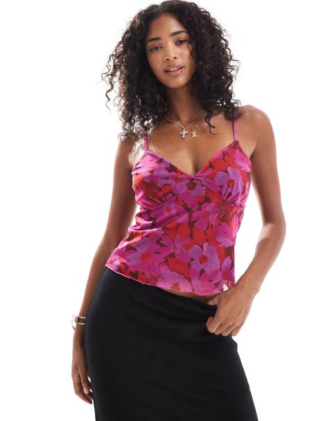 JDY mesh floral cami in pink and red - view 1
