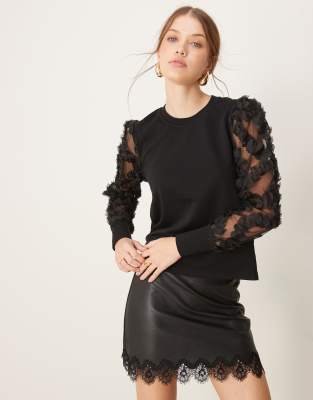 JDY mesh flowers sleeve jumper in black