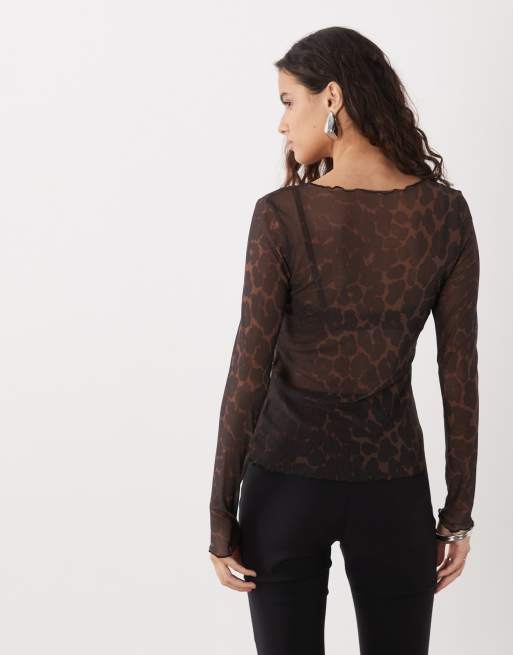 JDY mesh long sleeve top in animal print, 3 of 4