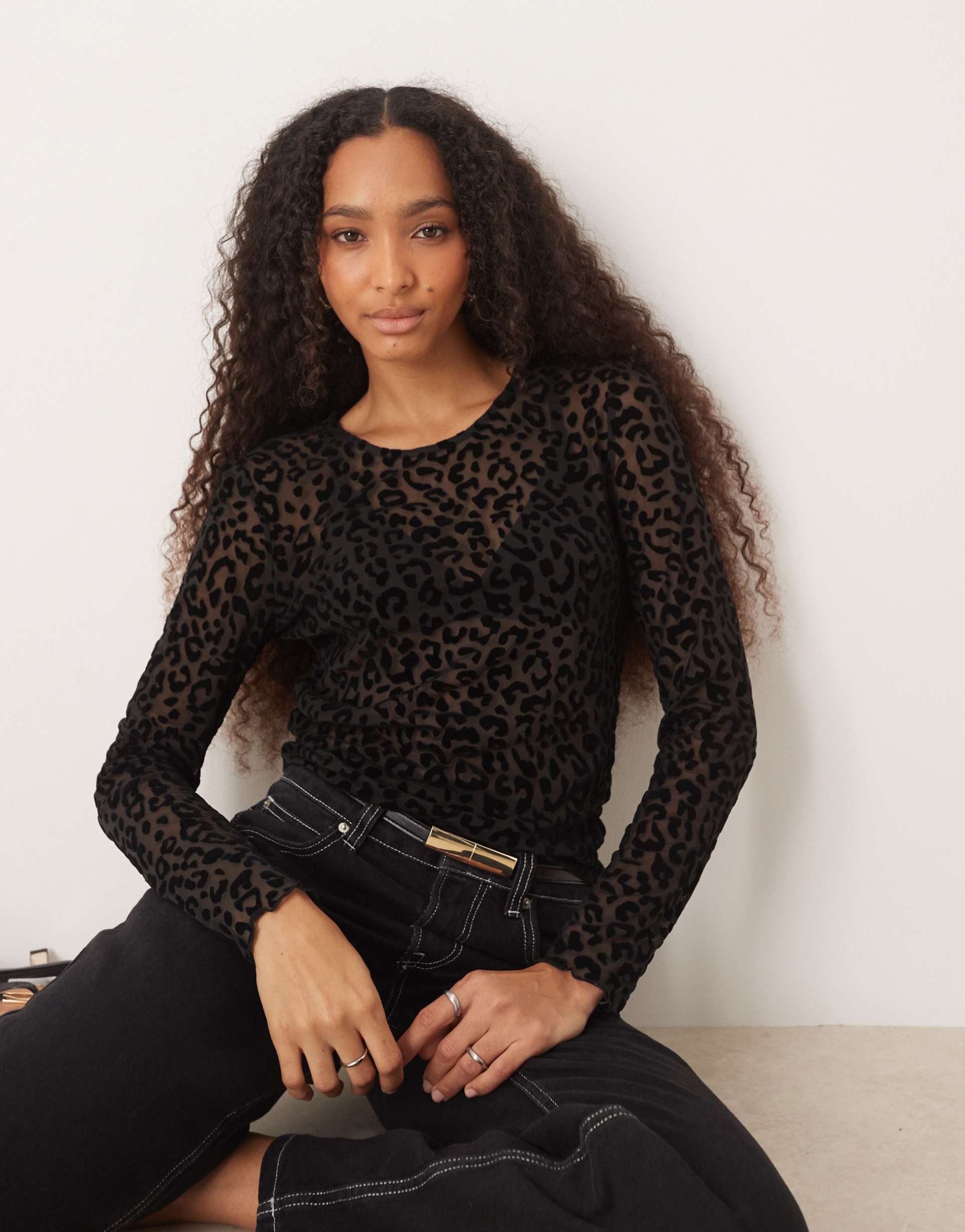 jdy mesh long sleeve top in black leopard print