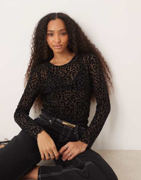 JDY mesh long sleeve top in black leopard print