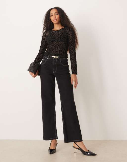 JDY mesh long sleeve top in black leopard print | ASOS