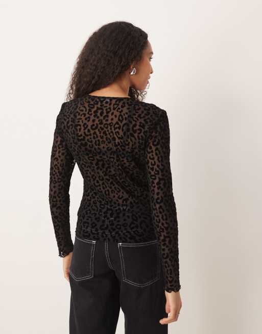 JDY mesh long sleeve top in black leopard print | ASOS