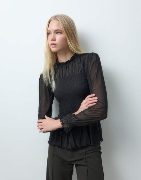 JDY mesh shirred blouse in black - view 1