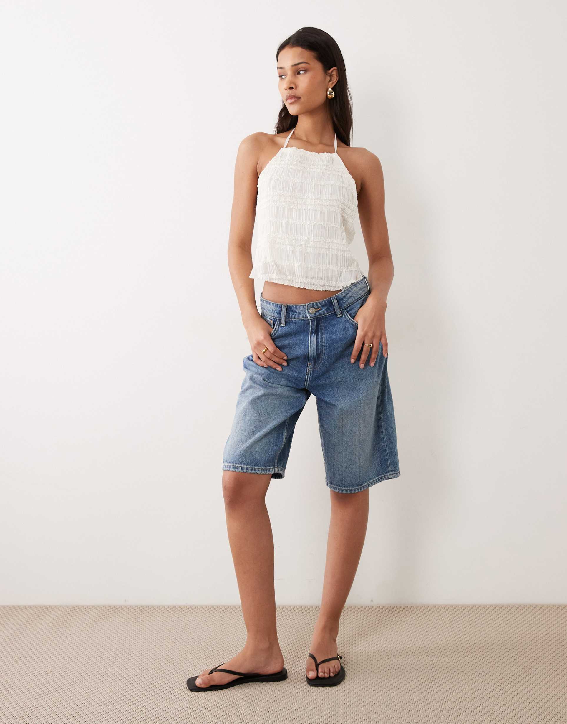 jdy mid waist denim bermuda shorts in mid blue